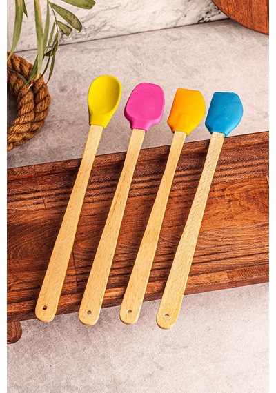 4'lü Yanmaz Yapışmaz Renkli Silikon Başlıklı Ahşap Spatula Seti Çok Renkli