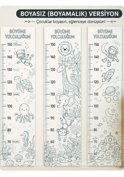 Boyanabilir 3 Lü Çocuk Boy Ölçer Seti Büyüme Yolculuğum Safari, Okyanus, Uzay 60-150 Cm Gerçek Ölçü