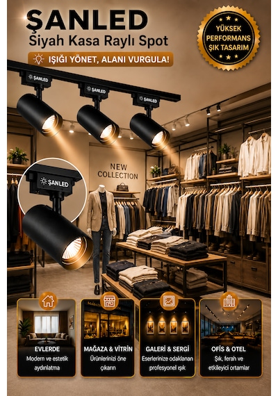 Led Siyah Kasa Gün Işığı 35w Raylı Spot / 8 Adet 3 Metre Ray