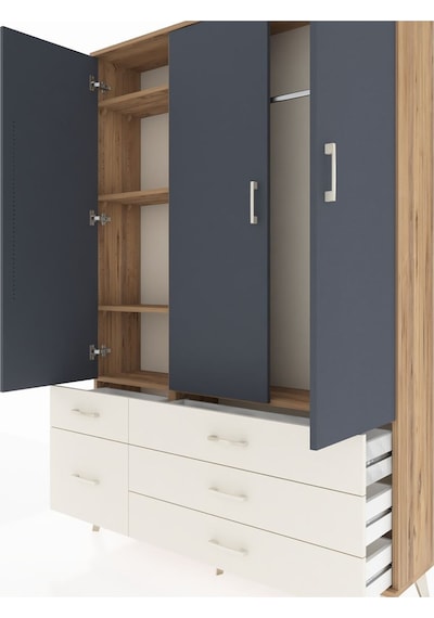 Arges Dolap 5 Raflı 5 Çekmeceli Tek Askılı 132x30x195 Çam-ant... Çam