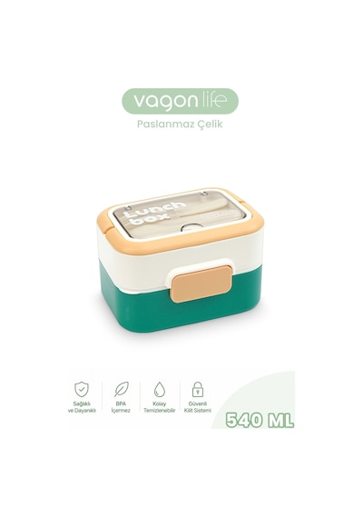 540 Ml 2 Kat Paslanmaz Çelik Lunch Box Yeni Nesil Sefer Tası Çatal & Kaşık Ff6750-540 Yeşil