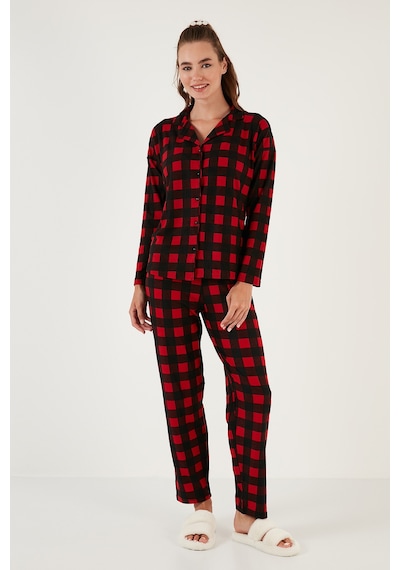 Lela Desenli Beli Lastikli Gömlek Yaka Dokuma Bayan Pijama Takımı 6095660W4 Siyah