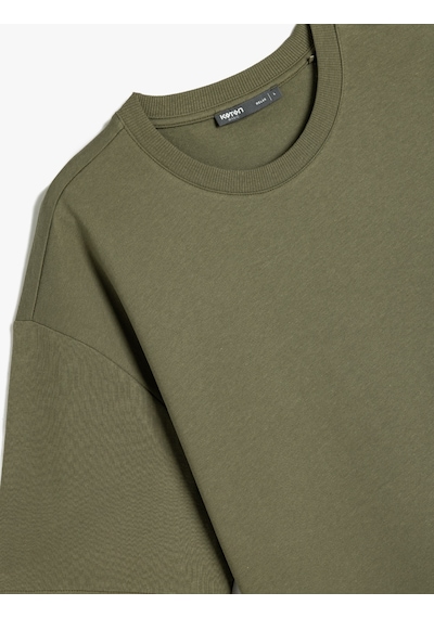 Koton Basic Bisiklet Yaka Pamuklu Tok Kumaş Kısa Kollu Oversize Tişört Haki 5sam10014hk Haki