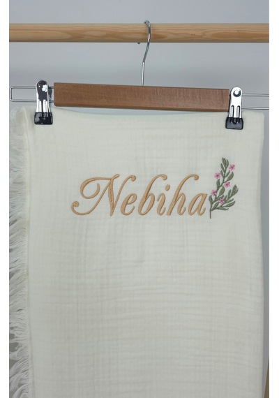Gros Shop Müslin Yeni Doğan 4katlı Organik %100pamuk Kişiye Özgü Nakışlı Hastane Çıkış Seti Dallı Papatya Ekru