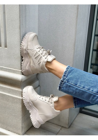 Erva'nın Butiği Bej Cilt Celly Gizli Topuk Dolgu Topuk 7 Cm Boy Uzatan Sneakers-6475