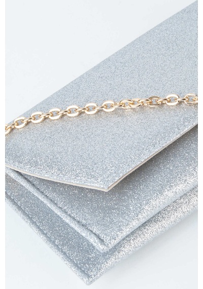Vivaq Kadın Gümüş Simli Zarf Tasarım 2 Bölmeli Mini Zincir Askılı Çıt Çıt Kapama Clutch Ve El Çantası