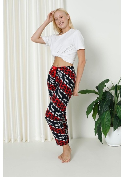 Farya Home Luxury Soft Welsoft Polar Desenli Kurdeleli Kışlık Pijama Altı Pantolon Lacivert Kırmızı Lacivert - Kırmızı