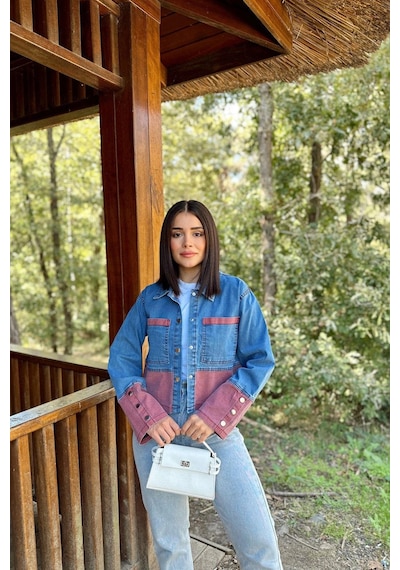 Kadın Mavi & Kırmızı Denim Kontrast Çift Renk Detay, Ön Düğmeli Manşetli, Kot Ceket Mavi