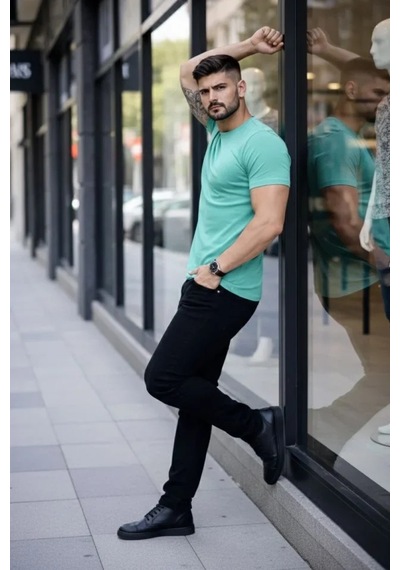 Veraura Lifestyle Erkek T-shirt Bisiklet Yaka Slim Fit Dar Kesim Likralı Tişört Günlük Basic Body - Turkuvaz Turkuaz