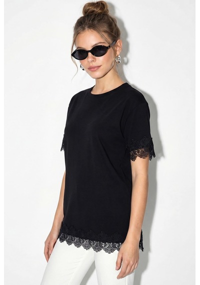 Shade Kadın Bisiklet Yaka Dantel Detaylı Oversize T-shirt 2134 60286120 - Siyah