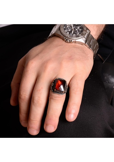 925 Ayar Gümüş Erkek Yüzük, Taş Garnet Yüzük Gümüş