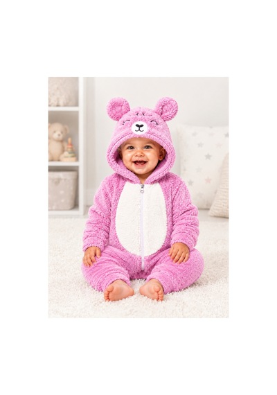 Kız Erkek Bebek Welsoft Peluş Tulum Kapüşonlu Fermuarlı Kışlık Bebek Tulumu Ayıcık Desenli Yumuşak Polar Tulum Gül Kurusu