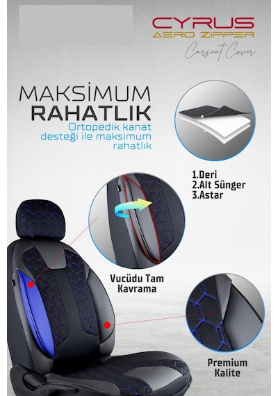 Kia Picanto Deri Detaylı Oto Koltuk Kılıfı Ön Arka Set Cyrus Siyah Mavi