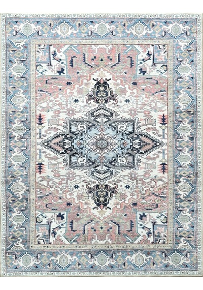 Geometrik Madalyon Desenli Açık Mavi Ve Pudra Pembe Etnik Halı - Ar861nt Açık Mavi - Pembe