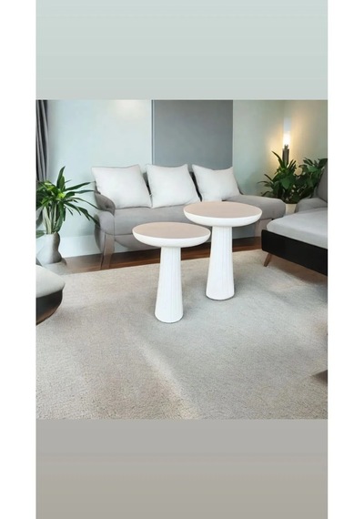 Wood Wooden Ahşap 2 Li Set Fitilli Mantar Beyaz Yan Sehpa