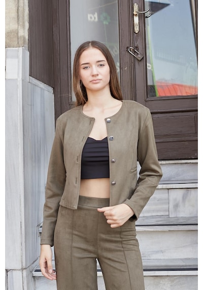 Kadın Esnek Süet Kumaş Sıfır Yaka Flato Cepli Uzun Kol Blazer Ceket-haki Haki