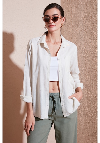 Lela Pamuklu Regular Fit Cepli Bayan Gömlek Cf25S16992 Ekru