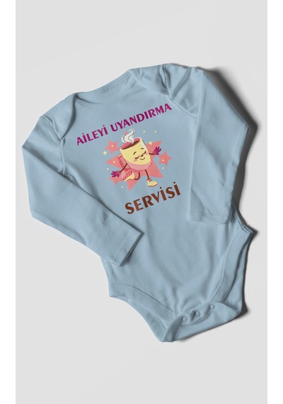 Aileyi Uyandırma Servisi Baskılı Bebek Zıbını Çıtçıtlı Body %100 Pamuk Uzun Kol Bebe Mavisi