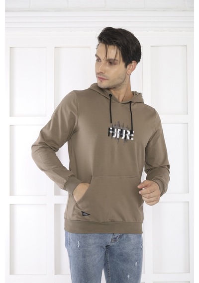 Escetic Spor Erkek Haki Cepli, Kapüşonlu Sweatshirt-4166