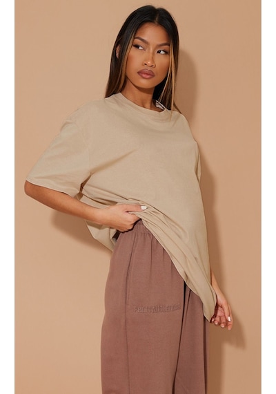 Düz Süprem T-shirt - Bej Oversize Bisiklet Yaka Kısa Kol Tişört Bej