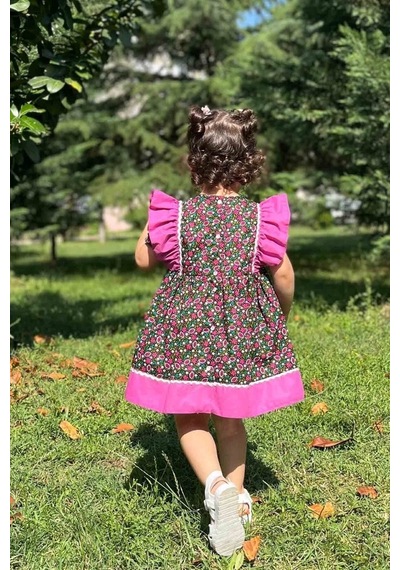 Su Taşı Detaylı Fırfırlı Çiçekli Poplin Kız Çocuk Bebek Elbise 001