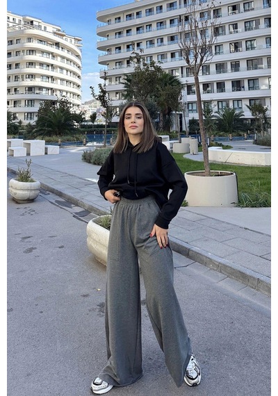 Kadın Antrasit Beli Lastikli, Cepli, Bol Paça, Salaş Pantolon Antrasit