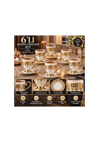 6 Lı Ayaklı Porselen Kahve Fincanı Takımı Siyah Gold Desenli 6 Kişilik Şık Sunum Seti Altın