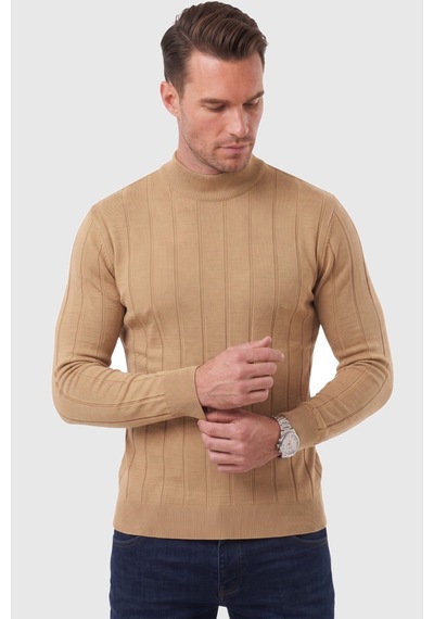 Rizzup Erkek Slim Fit Yarım Balıkçı Yaka Çizgi Dokulu Camel Triko Kazak 2505503