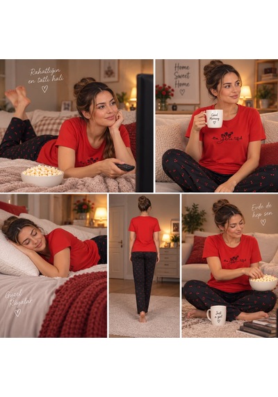 Manolya Kadın Kırmızı Baskılı Kısa Kollu Pijama Takımı Desenli Uzun Pantolonlu Rahat Ev Giyim Seti Manolya Kadın Kırmızı Baskılı Kısa Kollu Pijama Takımı Desenli Uzun Pantolonlu Rahat Ev Giyim Seti