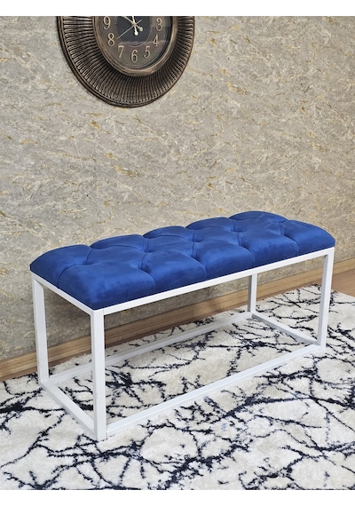 Zafir Beyaz Boyalı Diktörtgen 100 Cm X 40 Cm Oturak Puf - Bench - Makyaj Oturağı - Oturak Mavi