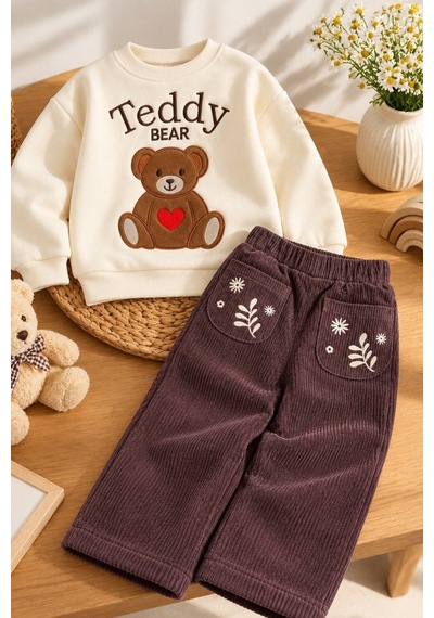 Fesshera Erkek Çocuk Takım Uzun Kollu Sweatshirt Ve Fitilli Kadife Pantolon Set Acı Kahverengi