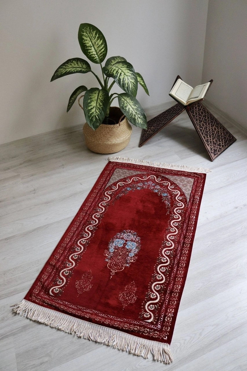 Çeyizlik Astarlı Lüks Seccade Hediyelik S1019 Siyah Kırmızı