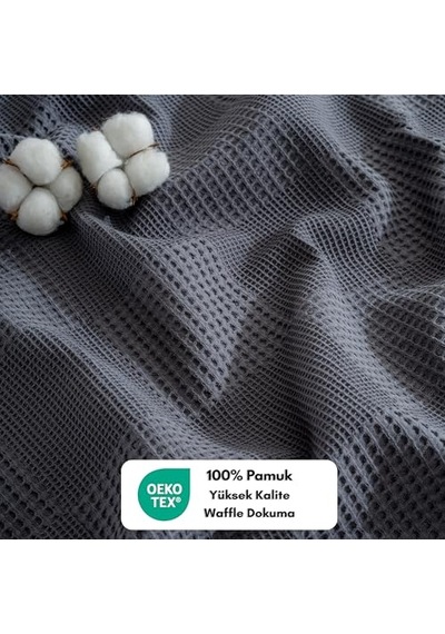 Waffle Desenli Pike Yatak Örtüsü Koyu Gri, Tek Kişilik Pike 160x230 Cm, 100% Pamuk, Hafif 4 Mevsim Kullanım Açık Indigo