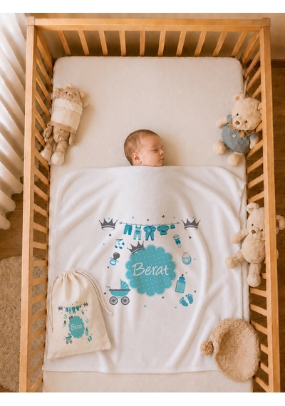 Erkek Bebek Hediyesi İsme Özel 80x80 Cm Çift Kat Penye Bebek Battaniyesi %100 Pamuk Ham Bez Kıyafet Keseli 2031bk0x Ekru