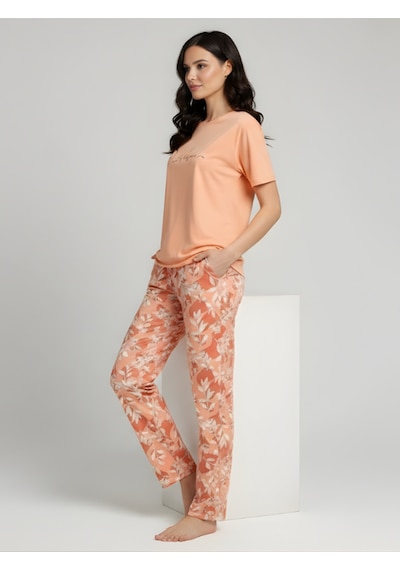 Kadın Kısa Kollu Desenli Pijama Takım Turuncu