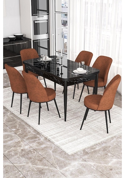 Canisa Kor Serisi 70x114 Açılabilir Mutfak Masası Takımı Siyah Mermer Desen Masa 6 Kiremit Sandalye Masa Siyah Mermer Desen Sandalye Kiremit Canisa Kor Serisi 70x114 Açılabilir Mutfak Masası Takımı Siyah Mermer Desen Masa 6 Kiremit Sandalye Masa Siyah Mermer Desen Sandalye Kiremit