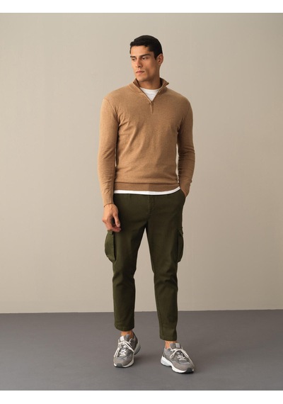 Xint Camel Regular Fit Fermuarlı Yarım Balıkçı Yaka Pamuklu Kazak 8016