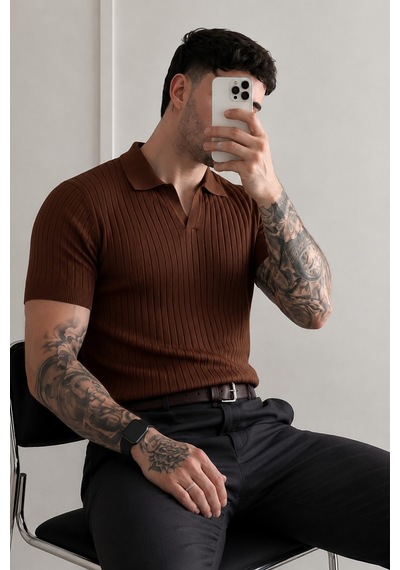 Tarz Cool Premium Fitilli Triko Polo Yaka Erkek Old Money T-shirt Kahverengi