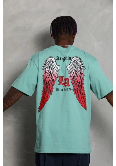 Erkek Kısa Kol Tişört Bisiklet Yaka Kanat Baskılı Oversize T-shirt - Mint Yeşili