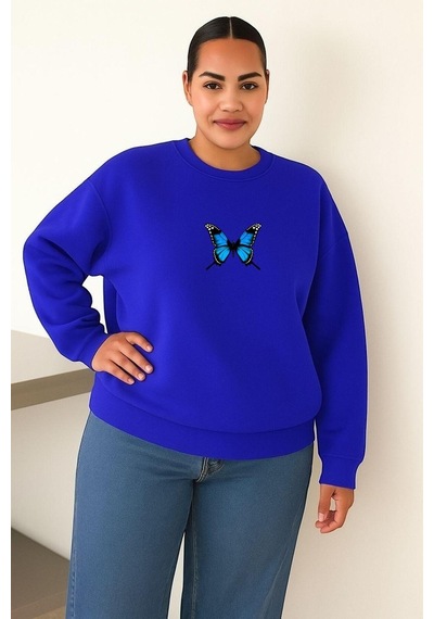 Benroma 3 İplik Penye Kelebek Baskılı Büyük Beden Unisex Sweatshırt Çok Renkli