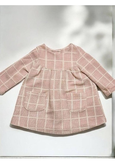 Çikoby Kız Bebek Kare Desenli Cep Detaylı Elbise-14887 Pudra