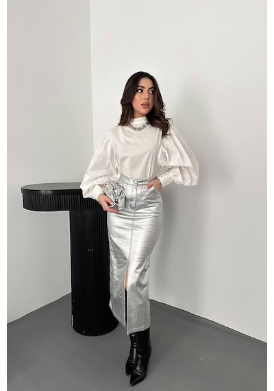 Alemdarshop Gümüş Varaklı Gabardin Yırtmaçlı Etek