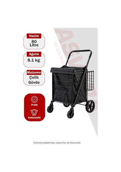 Asvera 80 Litre Katlanabilir Pazar Arabası Büyük Boy Alışveriş Arabası