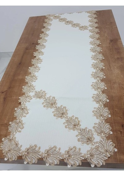 Jadelin Gold Güpürlü Keten Kumaş Runner Krem 48x145 Cm 1141 Krem