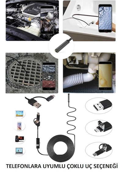 10metre 3-ın-1 Endoskop Kamera, Usb Ve Android, Type-c Bağlantılı, 6 Led Işıklı, Sert Kablo,su Geçirmez,yılan Kamera, Borescope