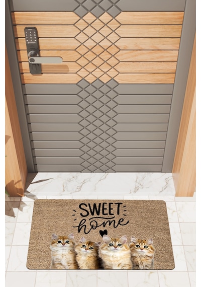Rugmood Modern Dijtal Baskı Sweet Home Kedili Kapı Önü Paspası Çok Renkli