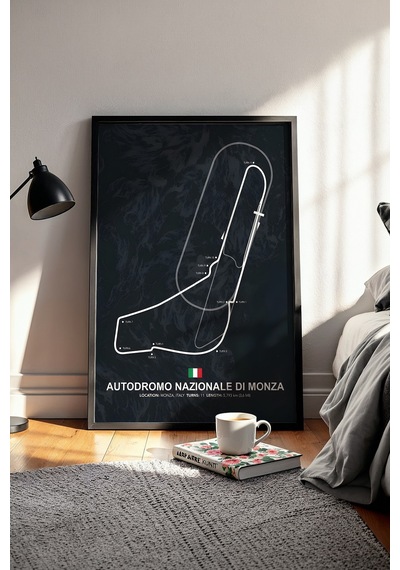 Monza F1 Pisti Ahşap Çerçeveli Tablo İtalya Gp Yarış Pisti Poster Siyah