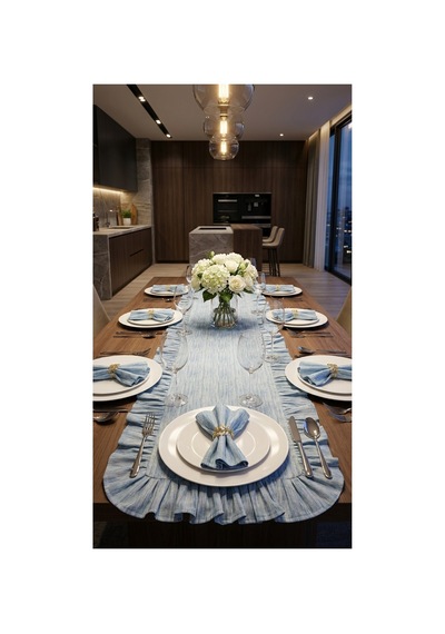 %100 Pamuk Özel Desenli Fırfırlı Runner 40x110 Mavi - 900657499 Mavi
