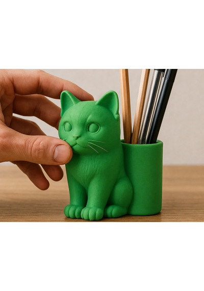 3d Baskı Kedi Figürlü Kalemlik - Masaüstü Organizer - Yeşil Çok Renkli