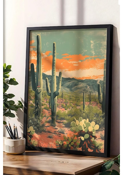 Saguaro Kaktüsü Ve Çöl Bitkileri Çerçeveli Tablo - Pop Art Poster Tablo